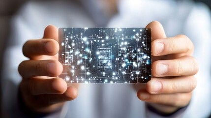 Hands holding a digital card representing technological networks of information