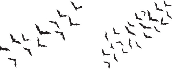 Flying Black Bats Silhouette Group on White Background