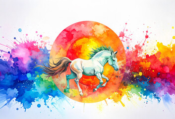 太陽と駆ける馬をイメージした水彩画