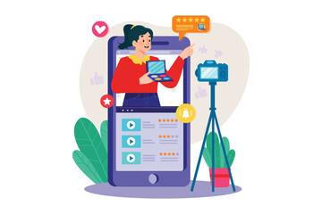 Animated Vlogger Presenting from Smartphone Screen with Camera on Tripod and Plant in Transparent Background