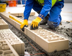 Construction worker laying pavers