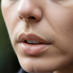 Fototapeta premium Close-up of human nose during inhalation, capturing the subtle rise and fall of breath, symbolizing life's delicate balance and the continuous cycle of existence.
