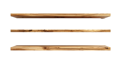 Three horizontal wooden shelves against a black backdrop, showcasing natural wood grain patterns and textures.