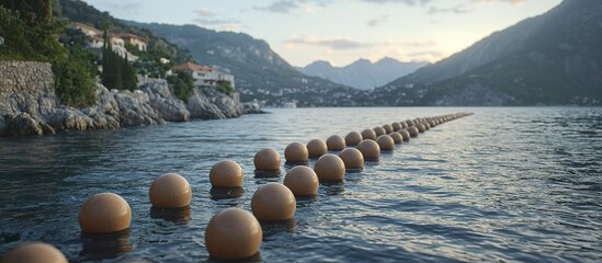 Numerous spherical buoys extend across calm water toward distant mountains