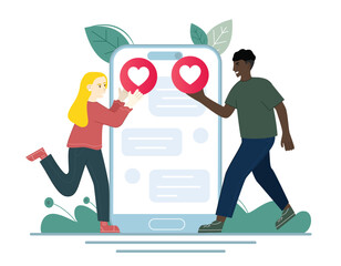 Man and woman texting messages chatting via online, sharing social media experience vector Illustration