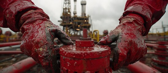 Oil worker uses hands to work a red metal valve