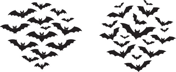 Black Bat Silhouettes Swarm Flying on White Background