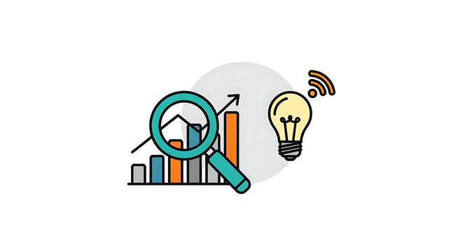 Business growth and analytics concept with a magnifying glass over a bar chart, a light bulb, and Wi-Fi signal