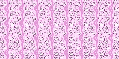 Seamless Vertical Pattern with Hand-Drawn Wavy Lines and Floating Pink Hearts