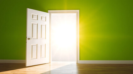 Fototapeta premium In this image, bright and fresh green walls are complemented by an open white door, through which dazzling light shines through