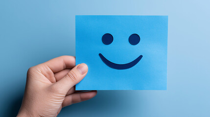 Obraz premium Positive attitude concept hand holding blue card with smiling face expression design