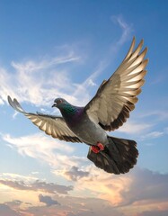 Pigeon soaring through a pastel sky