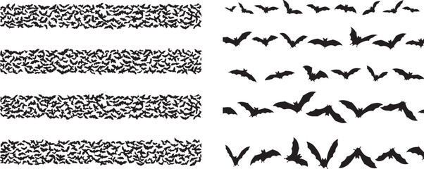 Set of Flying Bat Silhouettes, Swarm Borders and Individual Icons