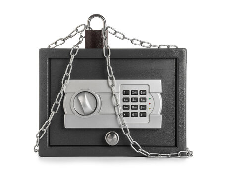 Modern safe box with chains and lock isolated on white background