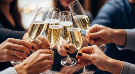 Raise a toast to the good life with a joyful clinking of champagne flutes, a symbol of celebration and togetherness. Experience the effervescence and camaraderie in this candid capture.