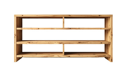 A simple, light-colored wooden shelving unit with three tiers stands out against a black backdrop.