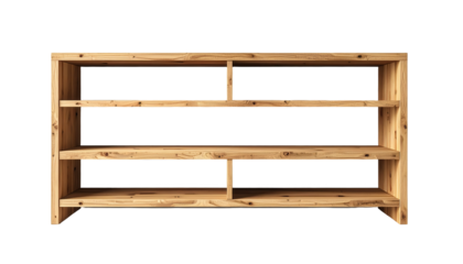 A simple, light-colored wooden shelving unit with three tiers stands out against a black backdrop.