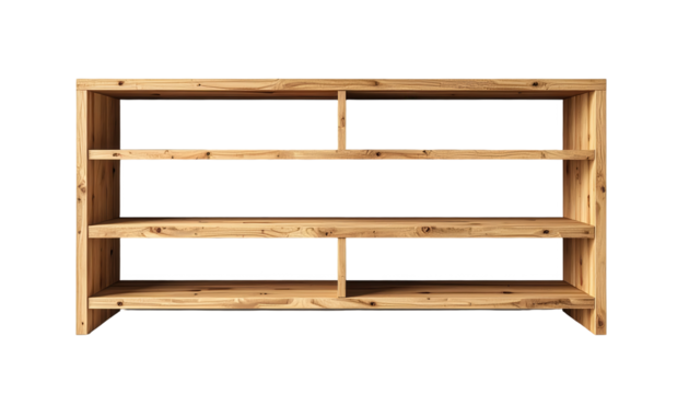 A simple, light-colored wooden shelving unit with three tiers stands out against a black backdrop.