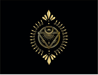 Ornate golden mystical emblem with eye and celestial elements emblem,