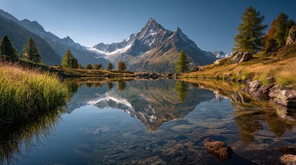 Obraz premium Majestic Mountain Peak Reflected in Tranquil Lake Under Clear Blue Sky.