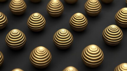 Close-up of multiple gold metallic spherical objects with concentric circular ridges arranged in a uniform grid pattern on a dark matte surface, creating a futuristic and elegant visual effect