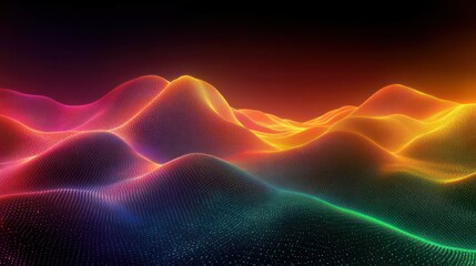 Abstract glowing digital landscape with colorful wave-like hills and dotted texture under dark gradient sky creating a futuristic and vibrant atmosphere