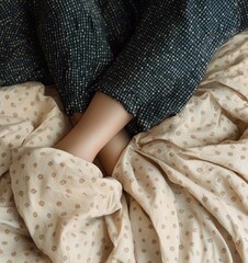 legs of a person wearing dark pant with small dotted pattern resting on beige fabric with small floral prints, creating a cozy and calm atmosphere