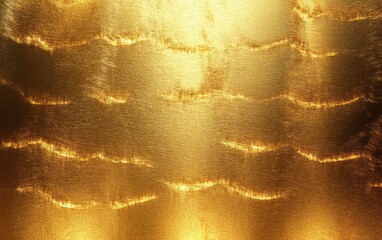 Close-up view of a textured golden metallic surface with repetitive wave-like patterns reflecting light, creating a luxurious and warm ambiance