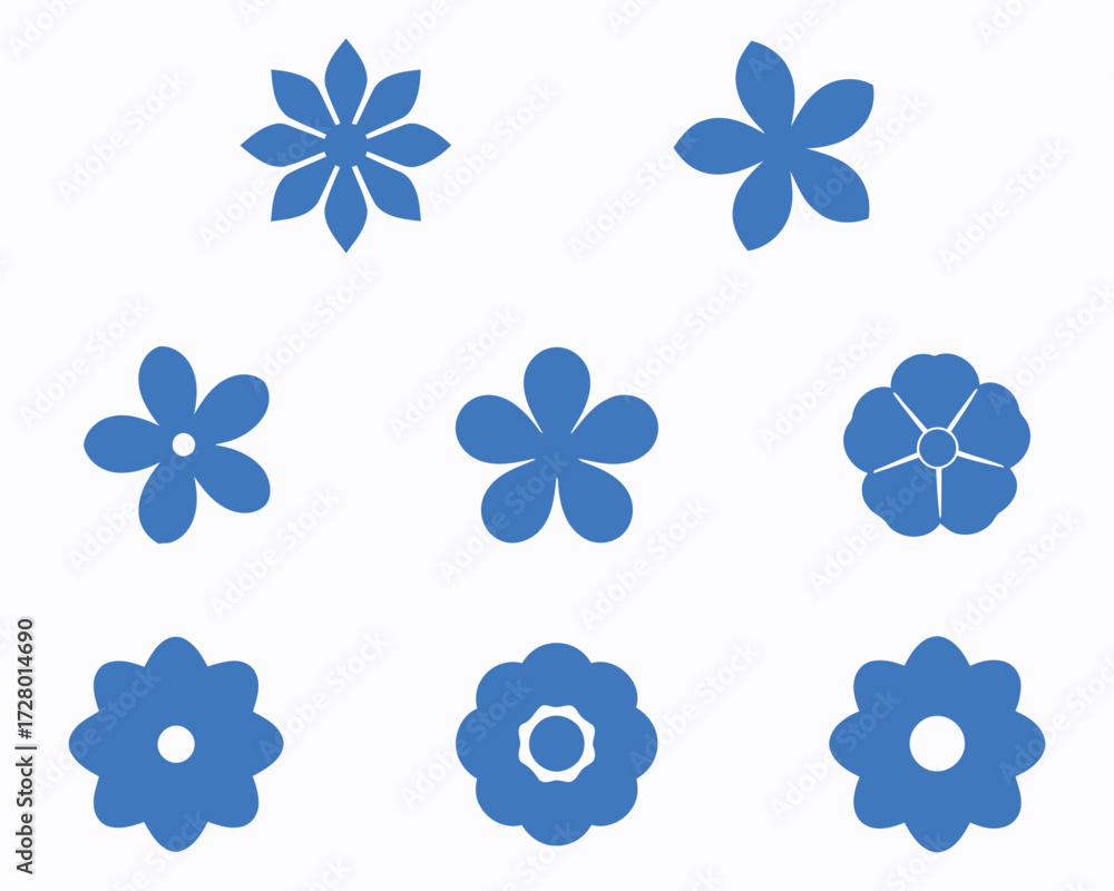 Poster a collection of flower silhouettes demonstrating various petal counts and shapes ranging from simple