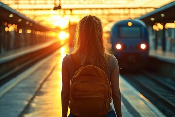 Young woman with backpack standing on train platform facing an approaching train during golden sunset, evoking anticipation and travel