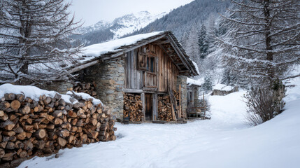 Rustic wooden cabin in a snowy forest with stacked firewood isolated on white background