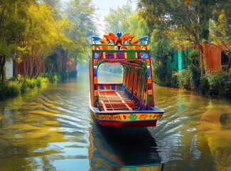 Obraz premium Colorful traditional boat floating on a calm canal surrounded by green trees and vibrant foliage under soft sunlight