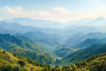 Obraz premium Vast layers of green forested mountains under a bright sky with scattered clouds revealing depth and tranquility in nature