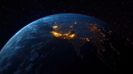 Obraz premium View of Earth from space showing the night side with illuminated city lights across South Asia and surrounding regions under a starry sky