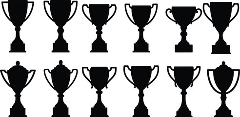 Trophy silhouette collection, award prize, championship victory, sports competition success, recognition reward, champion cup, honor achievement, excellence symbol, winner celebration, reward
