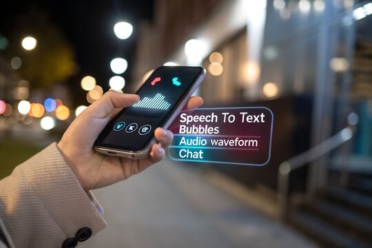 Man using AI voice assistant on smartphone with speech-to-text conversion and chatbot interface, representing smart technology, digital assistant and virtual communication.