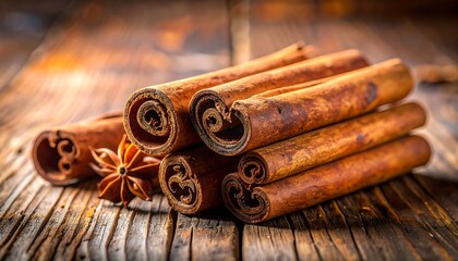 Cinnamon sticks and star anise on a rustic wooden table