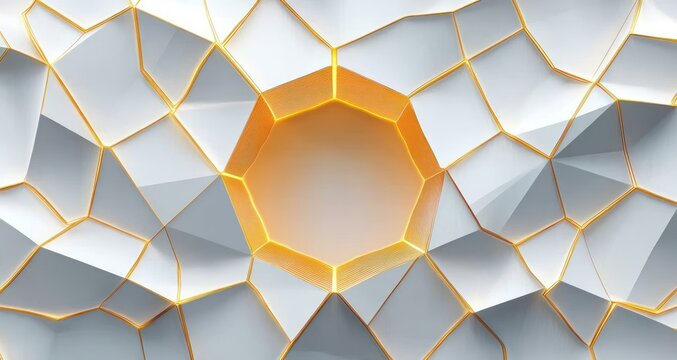 abstract geometric pattern with a central glowing golden hexagon surrounded by irregular white polygonal shapes outlined in yellow light - Powered by Adobe