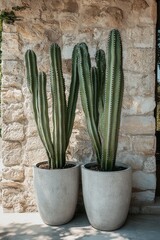 two tall green cacti in gray pots standing side by side against a textured stone wall in natural daylight
