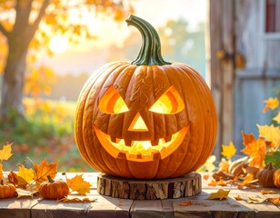 Jack-o'-lantern in autumnal setting