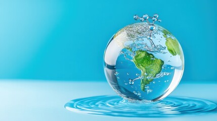Transparent Globe with Water Molecules over Blue Background