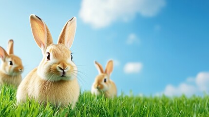 Obraz premium Cute Rabbits on Green Grass with Blue Sky and Soft Clouds