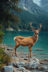 Fototapeta premium A majestic spotted deer with antlers standing on rocky shore by a turquoise lake surrounded by forested mountains under cloudy sky