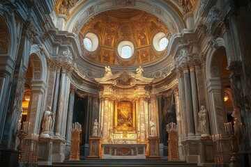 Ornate golden and marble church altar with detailed sculptures, columns, and a domed ceiling featuring decorative frescoes and circular windows, evoking a solemn and majestic atmosphere