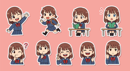 Adobe illustrator artwork vector illustration set of eight cute anime schoolgirl character