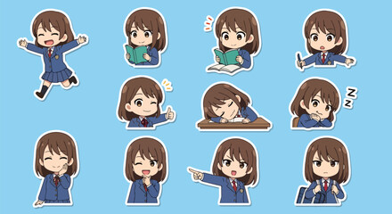 Adobe illustrator artwork vector illustration set of eight cute anime schoolgirl character