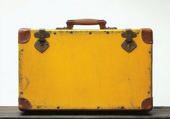 worn vintage yellow suitcase with brown leather corners and handle on wooden surface against white background