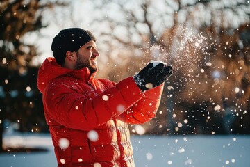Man in bright red jacket and black hat joyfully throwing snow into the air on a sunny winter day