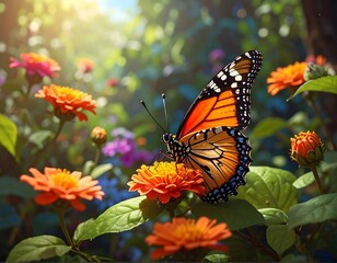 Fototapeta premium Monarch butterfly on vibrant flowers in a sunlit garden
