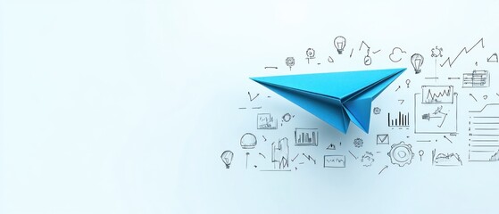 Blue paper airplane flying over hand-drawn business and technology sketches representing innovation and ideas